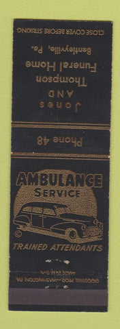 Matchbook Cover - Jones and Thompson Funeral Home ambulance Bentleyville PA