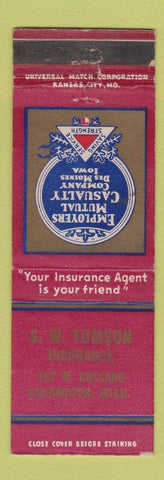 Matchbook Cover - Employers Mutual Insurance SW Tomson Coldwater MI