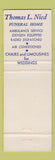 Matchbook Cover - Thomas Nied Funeral Home Swissvale PA WEAR