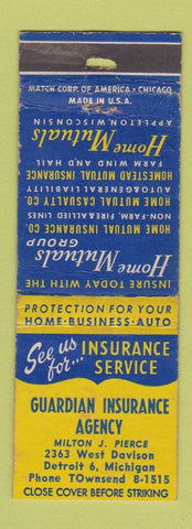 Matchbook Cover - Guardian Insurance Detroit MI WORN