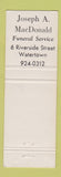 Matchbook Cover - Joseph A MacDonald Funeral Home Watertown MA