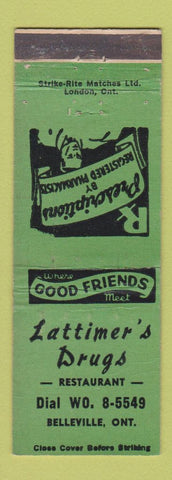 Matchbook Cover - Lattimer's Drug Store Belleville ON WEAR