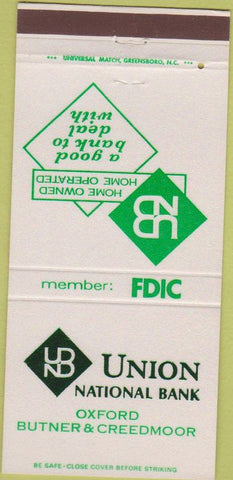 Matchbook Cover - Union National Bank Oxford Butner Creedmoor NC 30 Strike