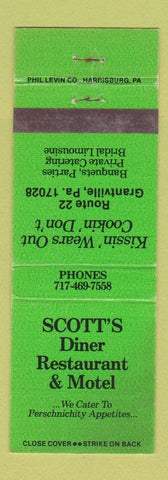 Matchbook Cover - Scott's Diner Restaurant Motel Grantville PA WEAR