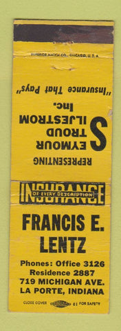 Matchbook Cover - Francis Lentz Insurance La Porte IN WORN