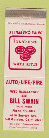 Matchbook Cover - State Farm Insurance Bill Swain Bell Gardens CA WEAR