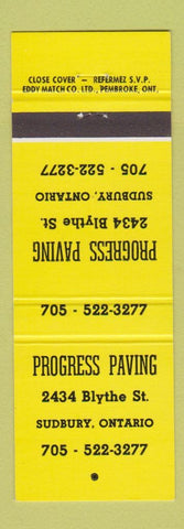 Matchbook Cover - Progress Paving Sudbury ON YELLOW