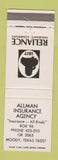 Matchbook Cover - Allman Insurance Agency Reliance Moody TX