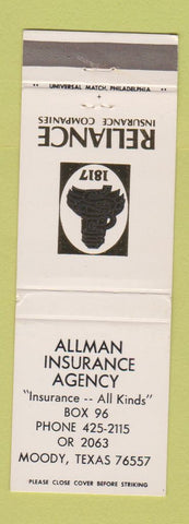 Matchbook Cover - Allman Insurance Agency Reliance Moody TX