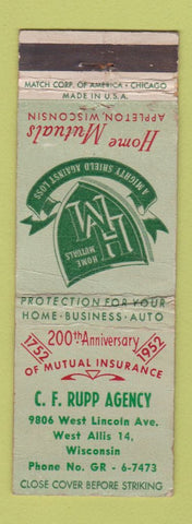 Matchbook Cover - CF Rupp Insurance West Allis WI WORN