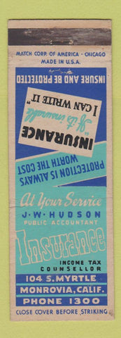 Matchbook Cover - JW Hudson Insurance Monrovia CA