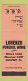 Matchbook Cover - Lorenzo Funeral Home Glassport PA ORANGE