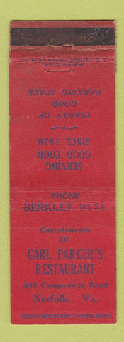 Matchbook Cover - Carl Parker's Restaurant Norfolk VA WORN