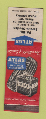 Matchbook Cover - Atlas Tires Batteries Fa Hil oil gas West Palm Beach FL