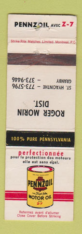 Matchbook Cover - Pennzoil Motor oil Roger Morin St Hyacinthe Granby QC WEAR
