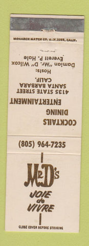 Matchbook Cover - Mr D's Restaurant Santa Barbara CA