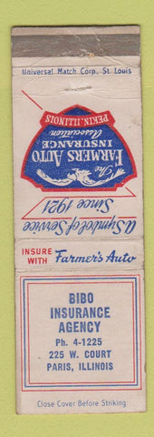 Matchbook Cover - Farmers Auto Insurance Bird Agency Paris IL WORN