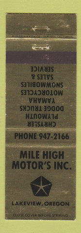 Matchbook Cover - Mile High Motors Chrysler Yamaha Snowmobiles Lakeview OR