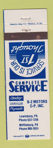 Matchbook Cover - BZ Motors Dodge Chrysler Plymouth Lewisburg Mifflinburg PA