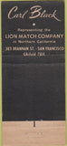 Matchbook Cover - Carl Black Lion Match San Francisco CA 30 Stick