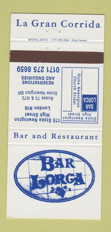 Matchbook Cover - Bar Lorga London UK England Estrella Domm Beer 30 Strike