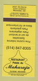 Matchbook Cover - Maharaja Indian Restaurant Montreal QC 30 Strike