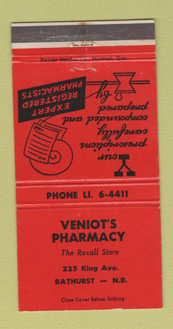 Matchbook Cover - Venoit's Pharmacy Drug Bathurst NB 30 Strike