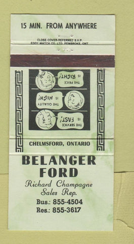 Matchbook Cover - Belanger Ford Chelmsford ON WEAR 30 Strike