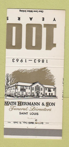 Matchbook Cover - Math Hermann Funeral Home St Louis MO 100th MISCUT 30 Strike