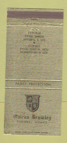 Matchbook Cover - Owens Bromley Funeral Home Fort Worth Bowie TX 30 Strike