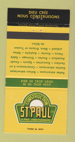 Matchbook Cover - St Paul Construction St Paul D'Abbotsford QC 30 Strike