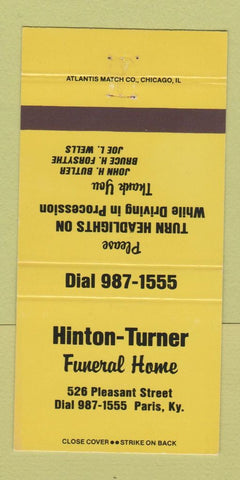 Matchbook Cover - Hinton Turner Funeral Home Paris KY YELLOW 30 Strike