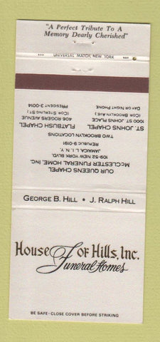 Matchbook Cover - House of Hills Funeral Homes Jamaica NY Brooklyn 30 Strike