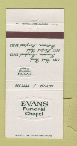 Matchbook Cover - Evans Funeral Home Timonium Baltimore MD 30 Strike