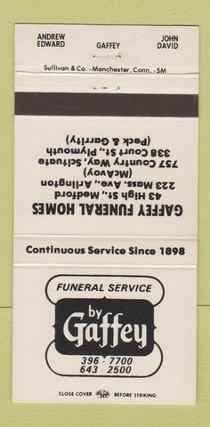 Matchbook Cover - Gaffey Funeral Home Medford Arlington Plymouth MA 30 Strike