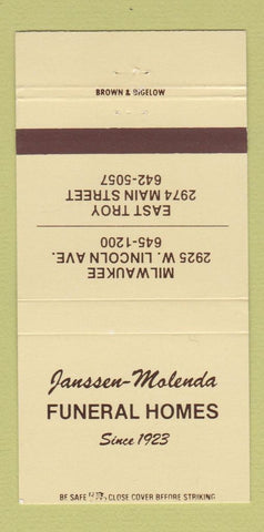 Matchbook Cover - Janssen Molenda Funeral Home Milwaukee East Troy WI 30 Strike
