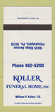 Matchbook Cover - Koller Funeral Home Philadelphia PA 30 Strike