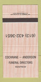 Matchbook Cover - Cochrane Anderson Funeral Home Renfrew ON 30 Strike
