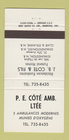 Matchbook Cover - PE Cote Funeral Home Edmundston NB  30 Strike