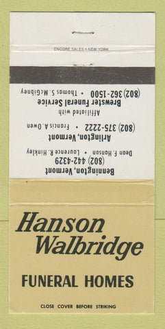 Matchbook Cover Hanson Walbridge Funeral Home Burlington Arlington VT 30 Strike