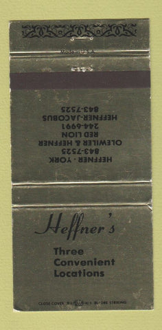 Matchbook Cover - Heffner's Funeral Home York Red Lion PA WEAR 30 Strike