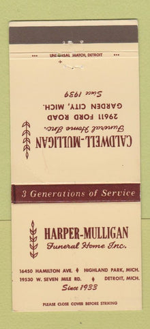 Matchbook Cover Caldwell Mulligan Funeral Garden City Detroit MI WEAR 30 Strike