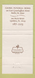 Matchbook Cover - Geibel Funeral Home Butler Lyndora PA 30 Strike