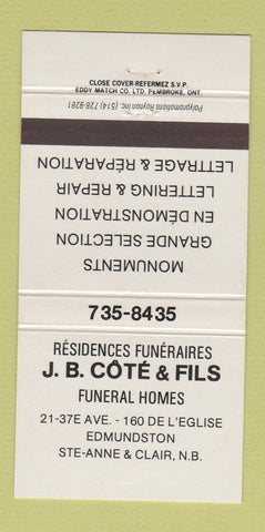 Matchbook Cover - JB Cote Fils Funeral Home Ste Anne Clair NB 30 Strike