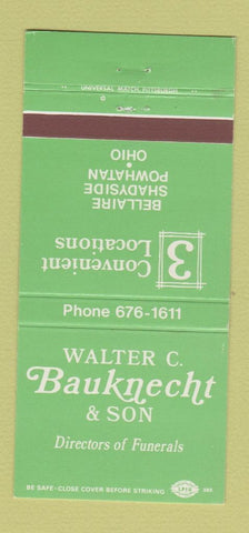 Matchbook Cover - Walter Bauknecht Funeral Home Bellaire Shadyside OH 30 Strike