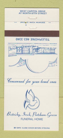 Matchbook Cover - Bistricky Irsch Pertzborn Funeral Home Milwaukee WI  30 Strike