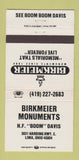 Matchbook Cover - Birkmeier Monuments Lima OH memorials headstone 30 Strike