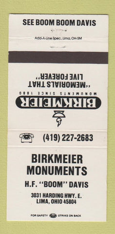 Matchbook Cover - Birkmeier Monuments Lima OH memorials headstone 30 Strike