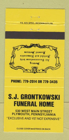 Matchbook Cover - SJ Grontkowski Funeral Home Plymouth PA YELLOW 30 Strike