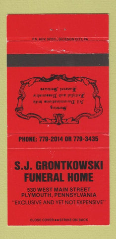 Matchbook Cover - SJ Grontkowski Funeral Home Plymouth PA RED 30 Strike